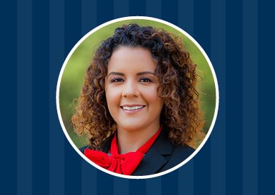 Blue background with lighter vertical panels; Diana Castro headshot