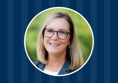 Blue background with lighter vertical panels; Kathy Arey headshot