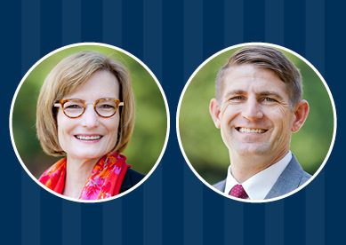 Blue background with lighter vertical panels; Magay Shepard and Dan Emmons headshots